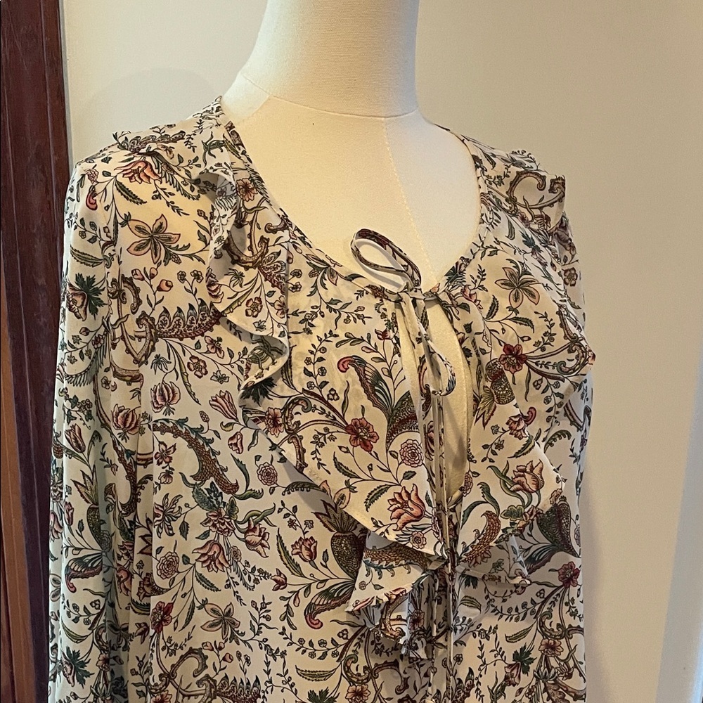 Max Studio Cream and Brown Floral Blouse Large EUC - Picture 5 of 9